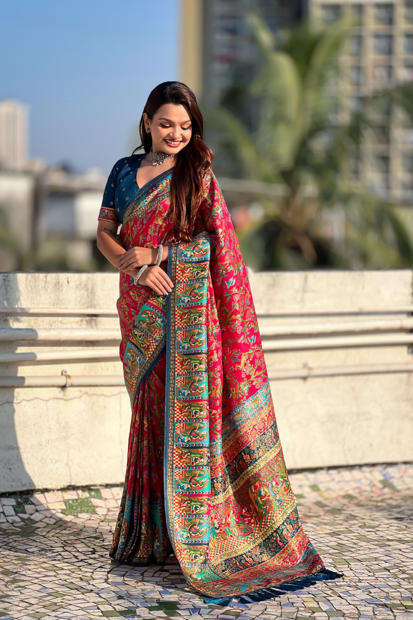 Red Printed Silk Saree Multicolor Traditional Border And Teal Blue Blouse