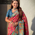 Red Printed Silk Saree Multicolor Traditional Border And Teal Blue Blouse