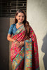 Red Printed Silk Saree Multicolor Traditional Border And Teal Blue Blouse