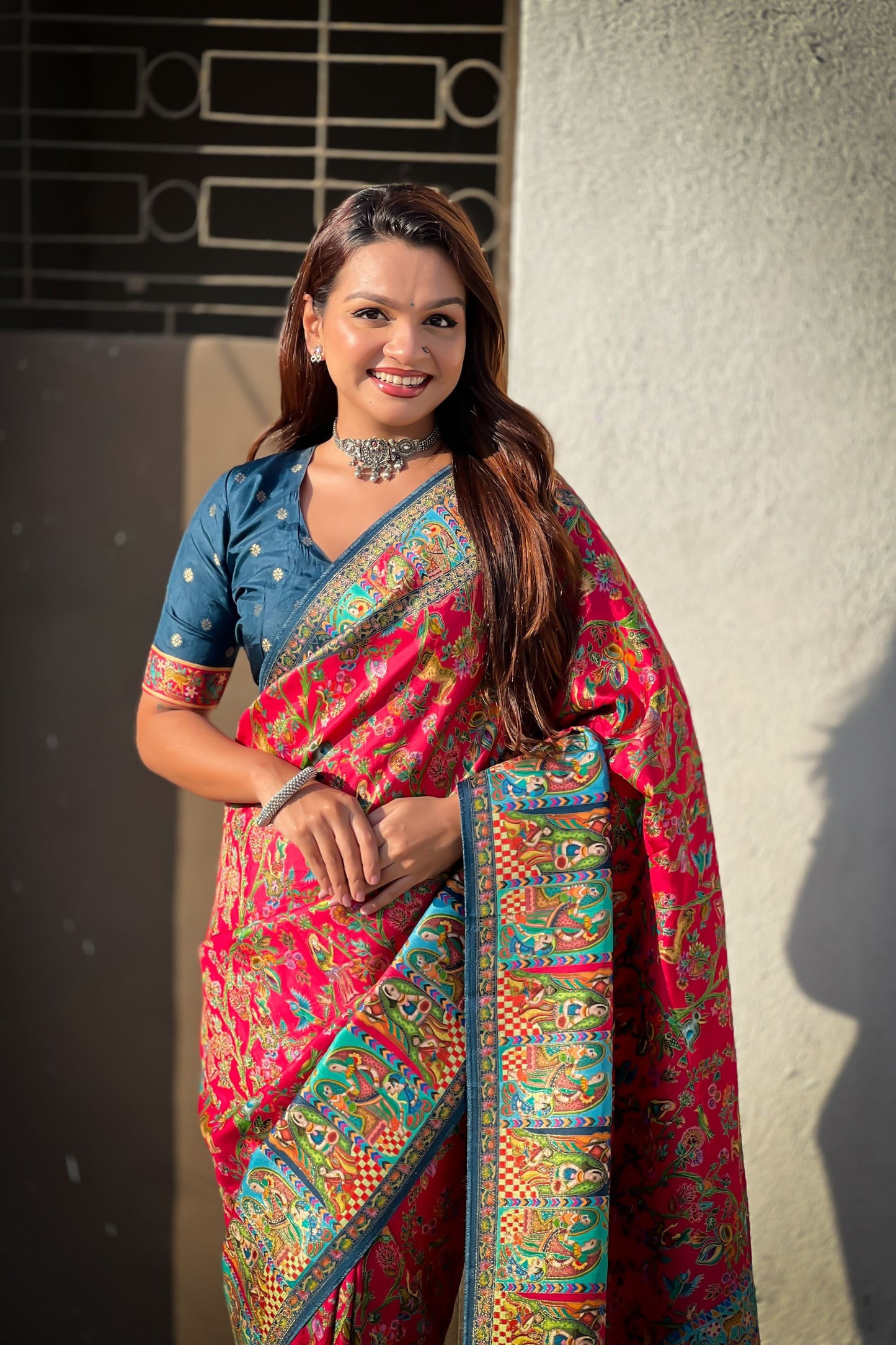 Red Printed Silk Saree Multicolor Traditional Border And Teal Blue Blouse