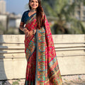 Red Printed Silk Saree Multicolor Traditional Border And Teal Blue Blouse