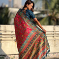 Red Printed Silk Saree Multicolor Traditional Border And Teal Blue Blouse