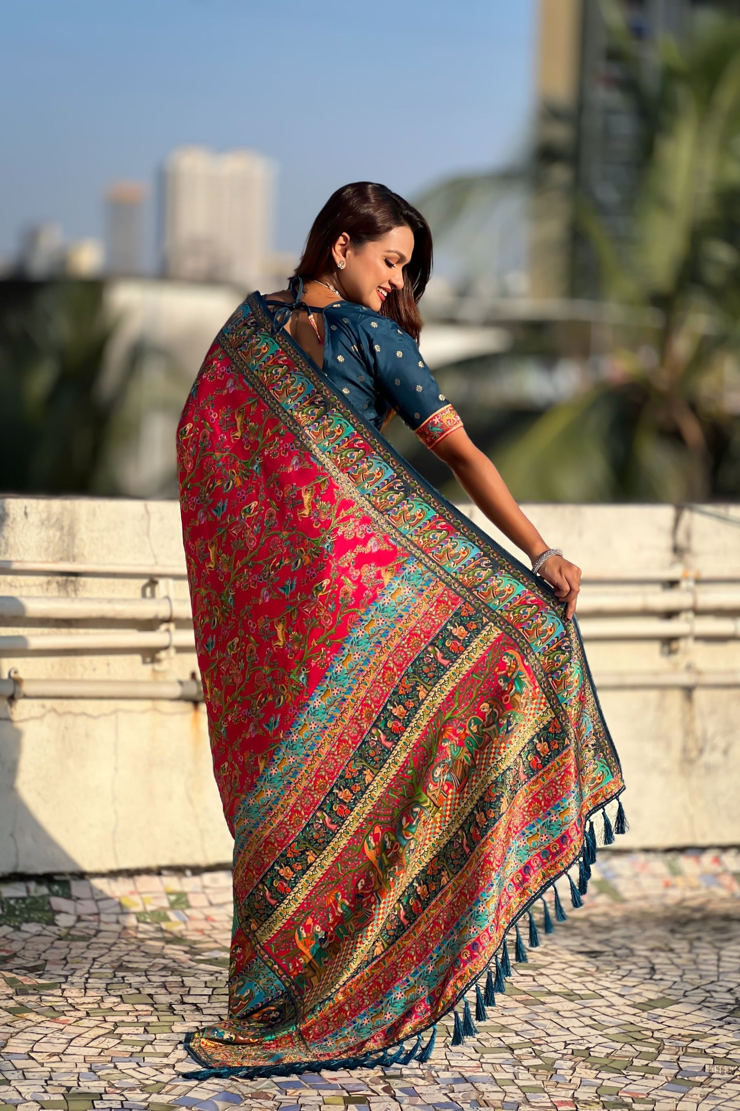 Red Printed Silk Saree Multicolor Traditional Border And Teal Blue Blouse