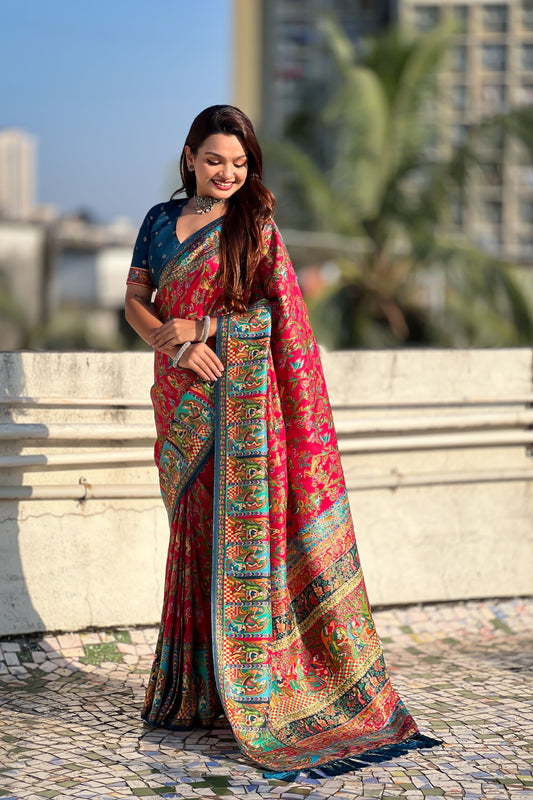 Red Printed Silk Saree Multicolor Traditional Border And Teal Blue Blouse