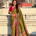 Olive Green Printed Silk Saree Multicolor Traditional Border Pink Blouse 