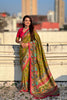Olive Green Printed Silk Saree Multicolor Traditional Border Pink Blouse 