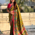 Olive Green Printed Silk Saree Multicolor Traditional Border Pink Blouse