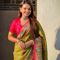 Olive Green Printed Silk Saree Multicolor Traditional Border Pink Blouse