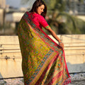 Olive Green Printed Silk Saree Multicolor Traditional Border Pink Blouse