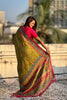Olive Green Printed Silk Saree Multicolor Traditional Border Pink Blouse