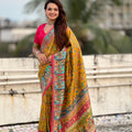 Mustard Yellow Printed Silk Saree Multicolor Traditional Border Pink Blouse