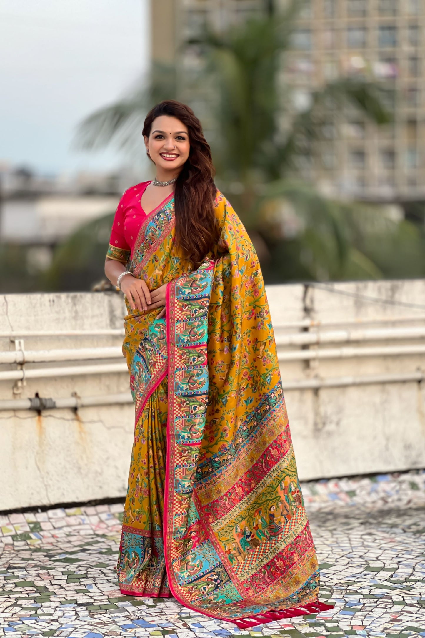Mustard Yellow Printed Silk Saree Multicolor Traditional Border Pink Blouse