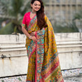 Mustard Yellow Printed Silk Saree Multicolor Traditional Border Pink Blouse
