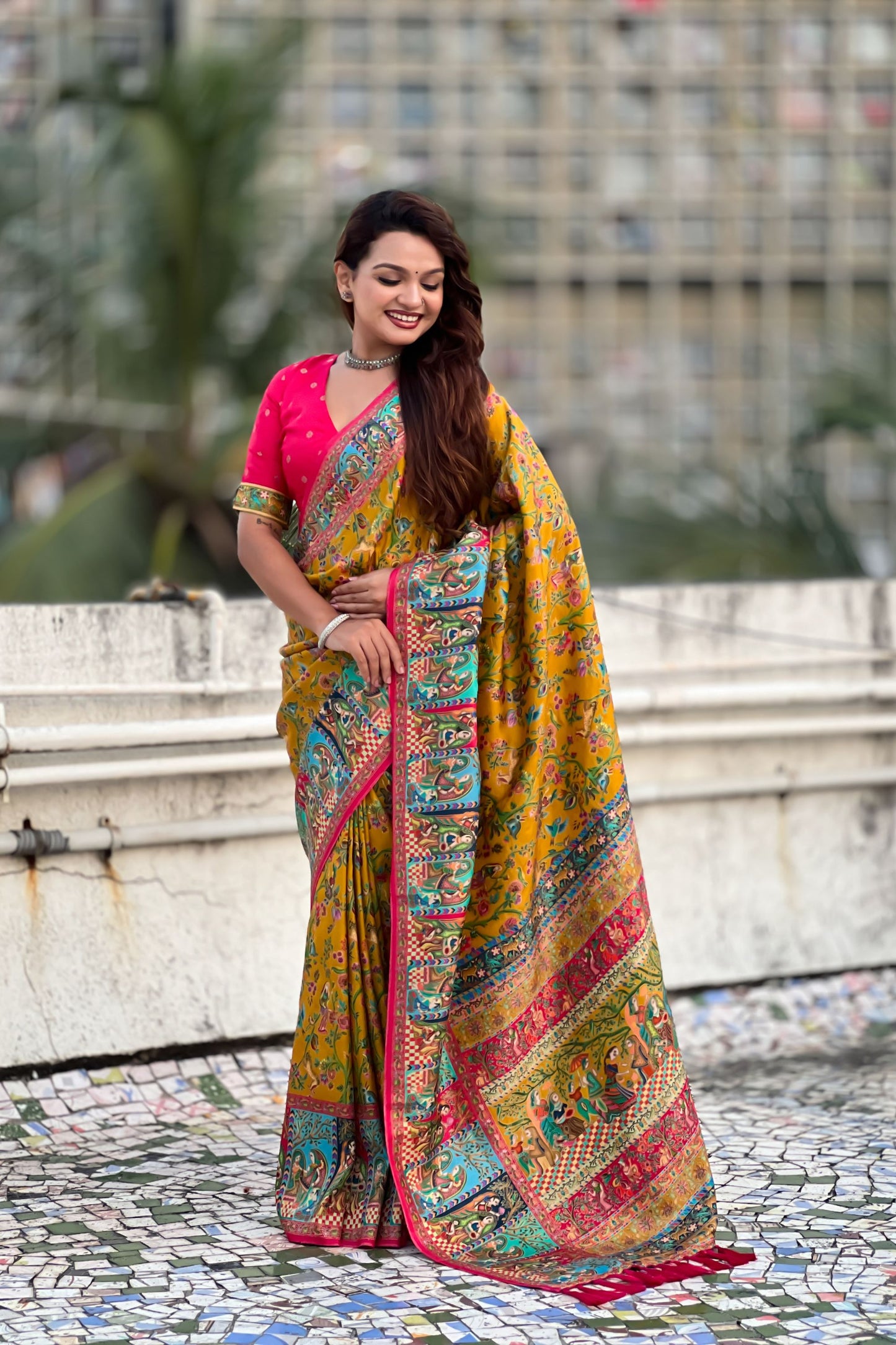 Mustard Yellow Printed Silk Saree Multicolor Traditional Border Pink Blouse