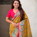 Mustard Yellow Printed Silk Saree Multicolor Traditional Border Pink Blouse
