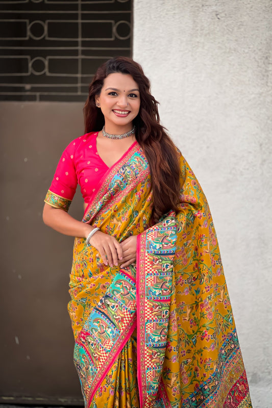Mustard Yellow Printed Silk Saree Multicolor Traditional Border Pink Blouse