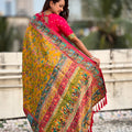 Mustard Yellow Printed Silk Saree Multicolor Traditional Border Pink Blouse