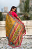 Mustard Yellow Printed Silk Saree Multicolor Traditional Border Pink Blouse