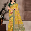Yellow Banarasi Silk Saree Gold Zari Woven Border Green Blouse