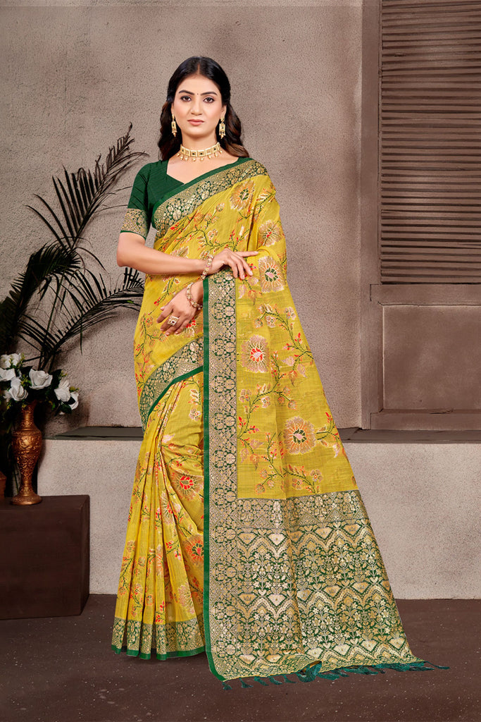 Yellow Banarasi Silk Saree Gold Zari Woven Border Green Blouse