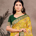 Yellow Banarasi Silk Saree Gold Zari Woven Border Green Blouse