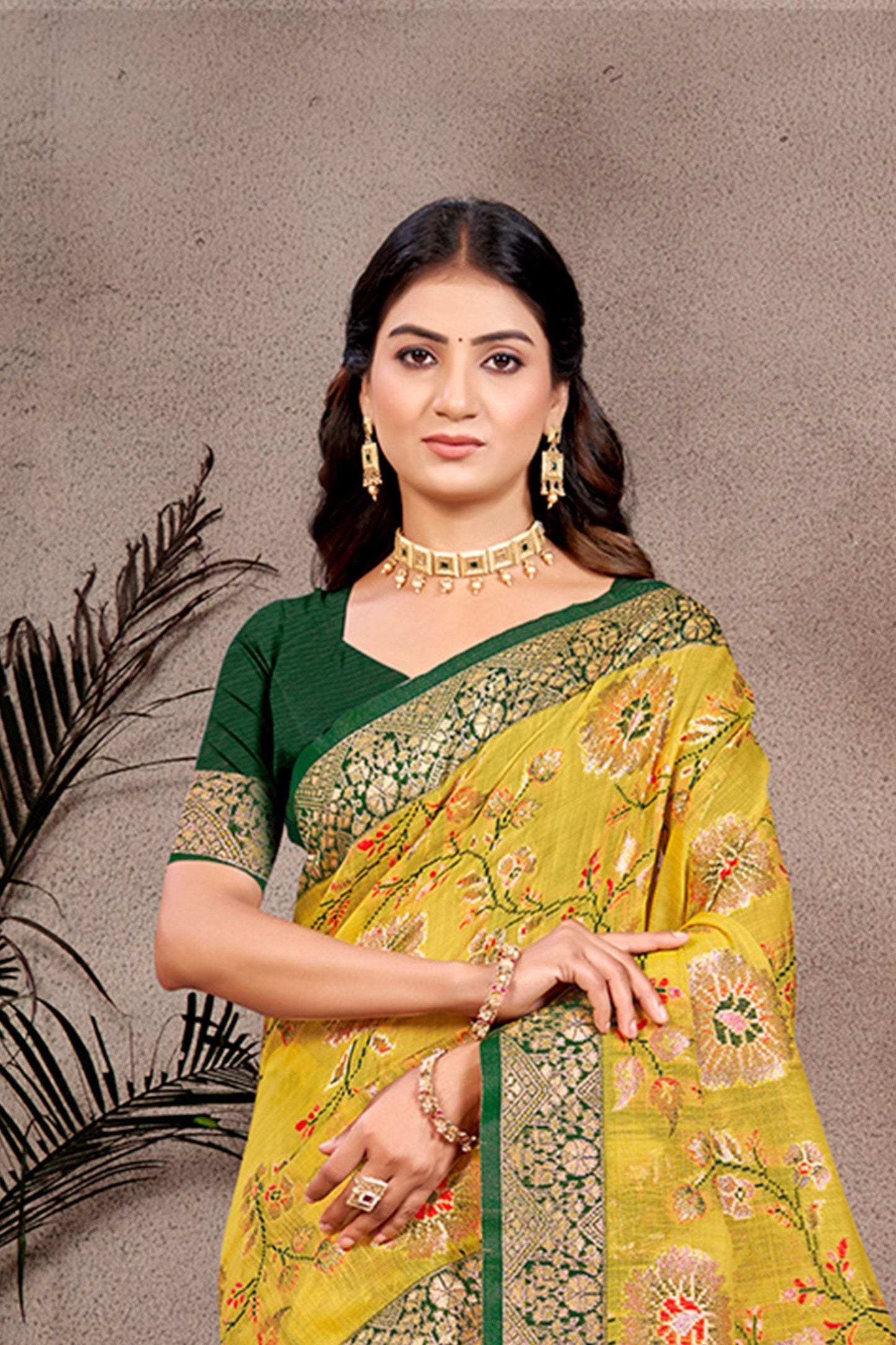 Yellow Banarasi Silk Saree Gold Zari Woven Border Green Blouse