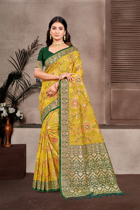 Yellow Banarasi Silk Saree Gold Zari Woven Border Green Blouse