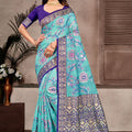 Aqua Blue Banarasi Silk Saree Gold Zari Floral Weaving Purple Blouse