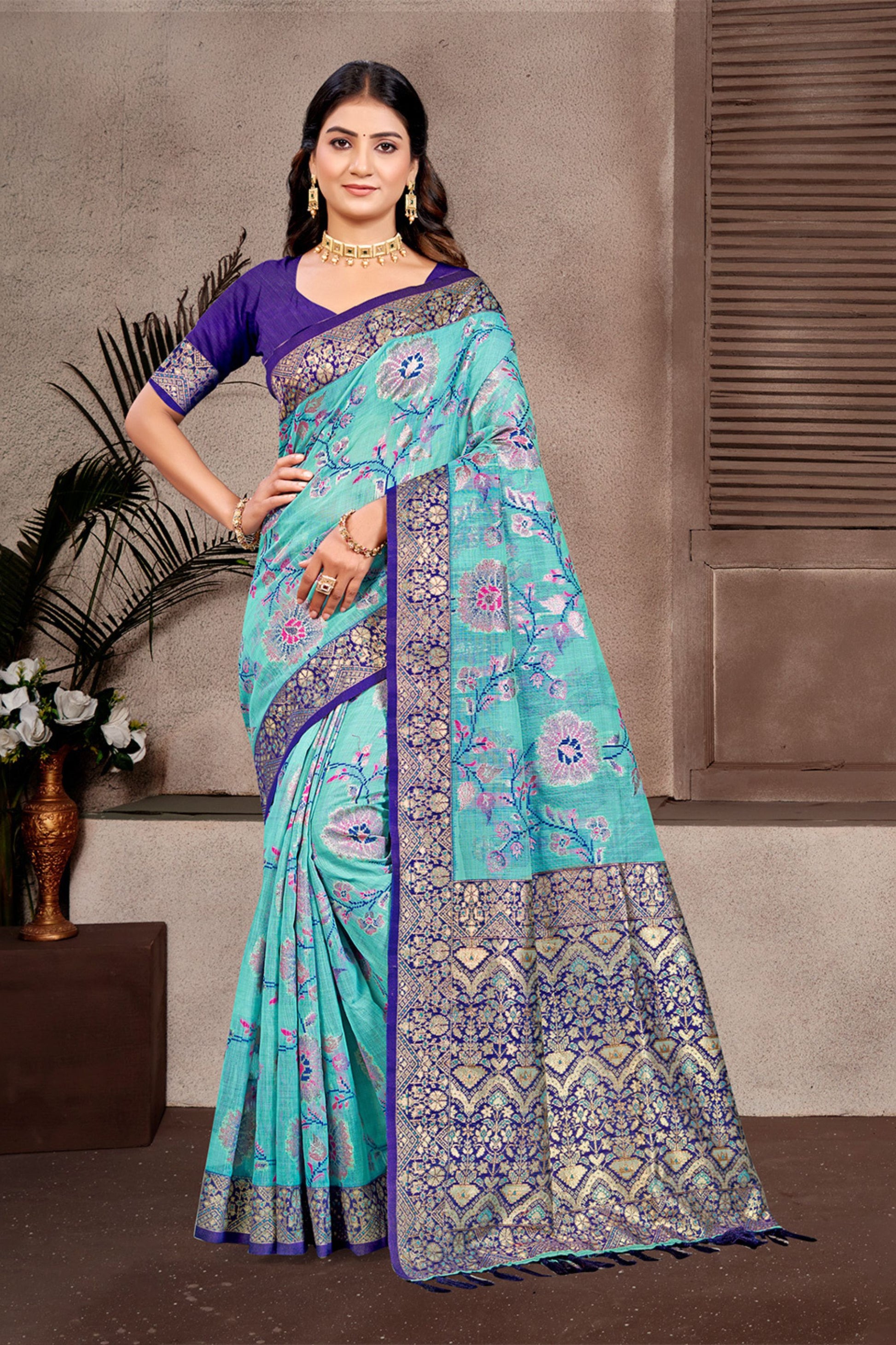 Aqua Blue Banarasi Silk Saree Gold Zari Floral Weaving Purple Blouse
