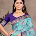 Aqua Blue Banarasi Silk Saree Gold Zari Floral Weaving Purple Blouse