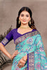 Aqua Blue Banarasi Silk Saree Gold Zari Floral Weaving Purple Blouse