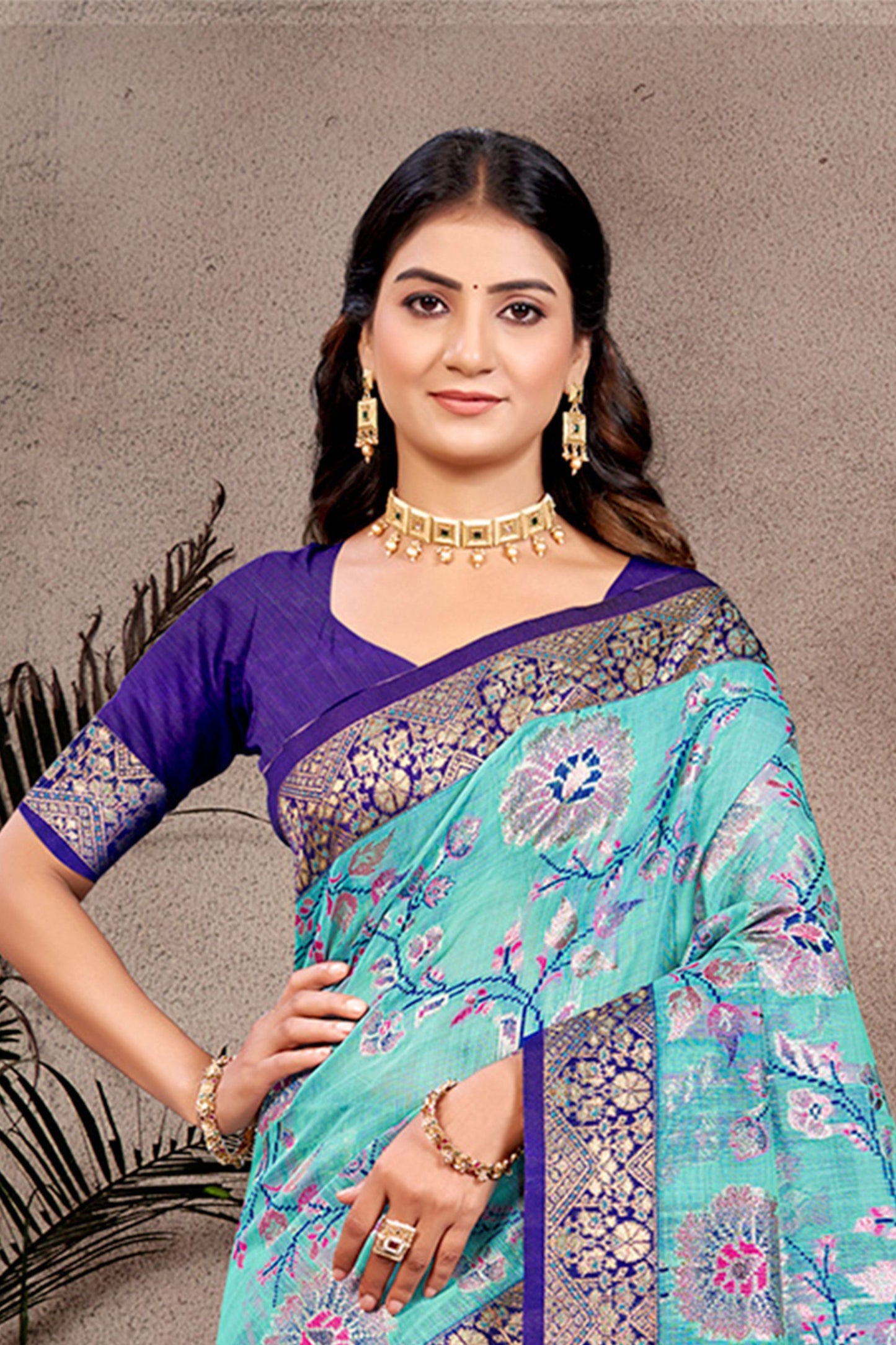 Aqua Blue Banarasi Silk Saree Gold Zari Floral Weaving Purple Blouse