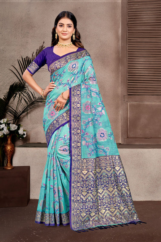 Aqua Blue Banarasi Silk Saree Gold Zari Floral Weaving Purple Blouse