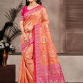 Peach Orange Banarasi Silk Saree Gold Zari Floral Weaving Pink Blouse 
