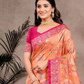Peach Orange Banarasi Silk Saree Gold Zari Floral Weaving Pink Blouse