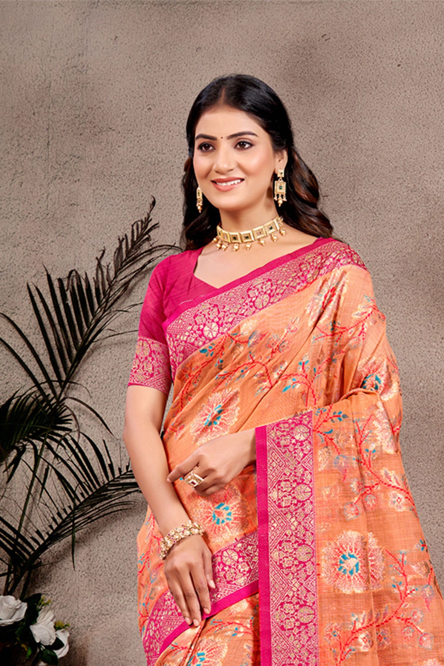 Peach Orange Banarasi Silk Saree Gold Zari Floral Weaving Pink Blouse