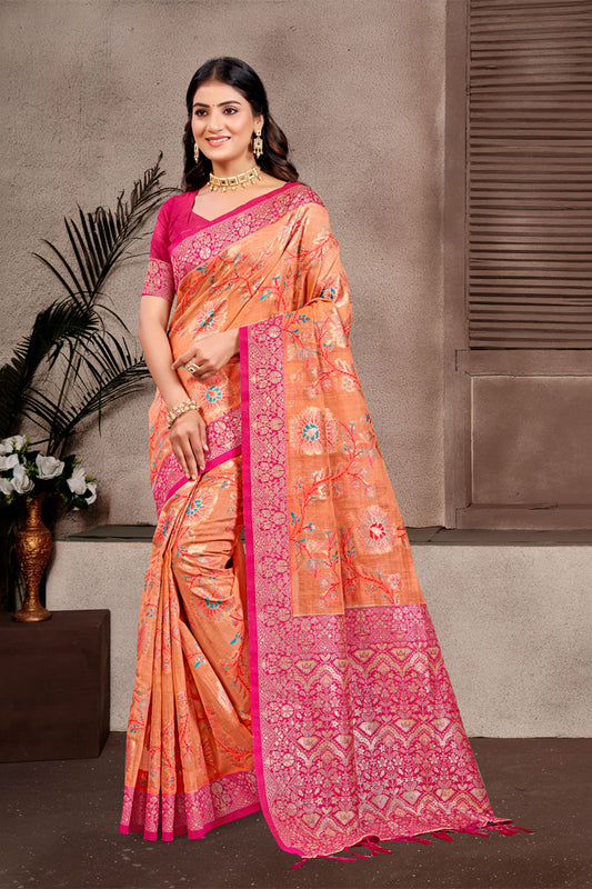 Peach Orange Banarasi Silk Saree Gold Zari Floral Weaving Pink Blouse 