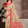 Cream Red Banarasi Silk Saree with Floral Weaving and Rich Zari Pallu