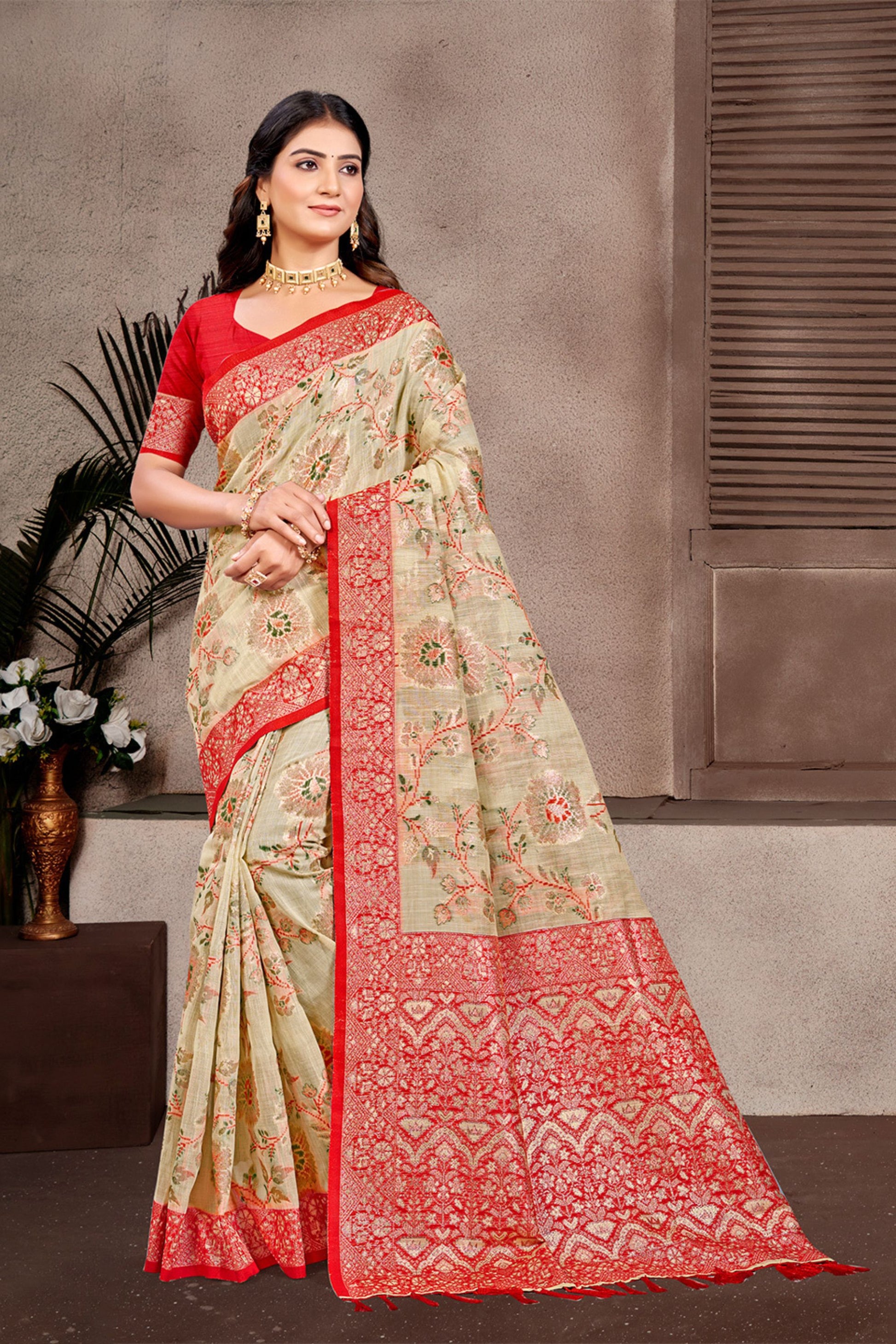 Cream Red Banarasi Silk Saree with Floral Weaving and Rich Zari Pallu