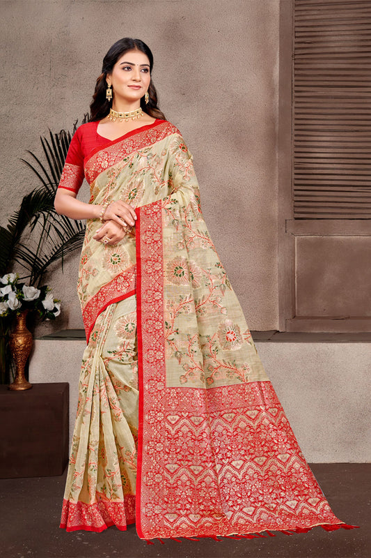 Cream Red Banarasi Silk Saree with Floral Weaving and Rich Zari Pallu