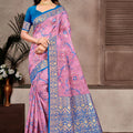 Pink Royal Blue Banarasi Silk Saree with Gold Zari and Contrast Border