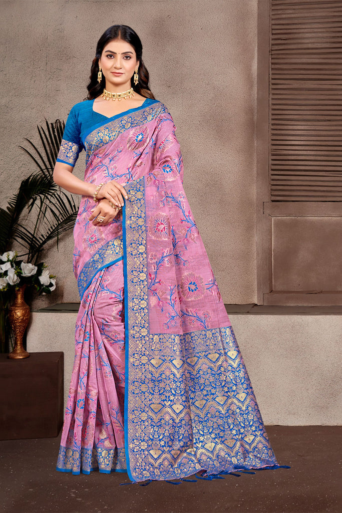 Pink Royal Blue Banarasi Silk Saree with Gold Zari and Contrast Border