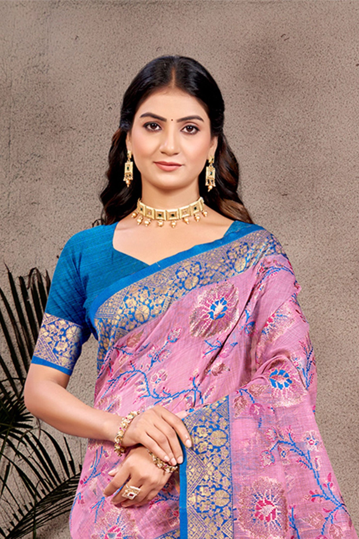 Pink Royal Blue Banarasi Silk Saree with Gold Zari and Contrast Border