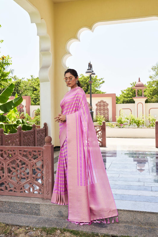 Pink Banarasi Silk Saree with Gold Zari Weaving and Tassel Pallu
