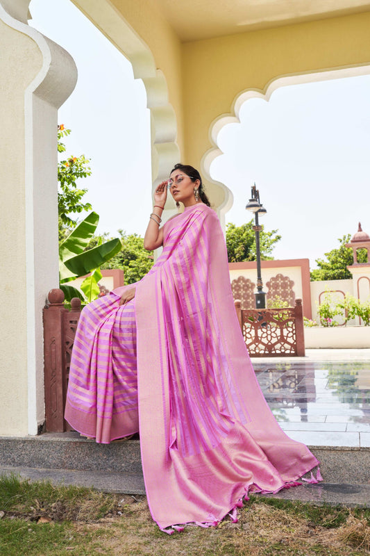 Pink Banarasi Silk Saree with Gold Zari Weaving and Tassel Pallu
