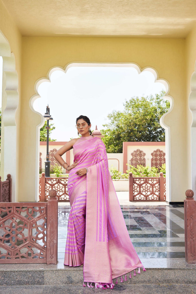 Pink Banarasi Silk Saree with Gold Zari Weaving and Tassel Pallu