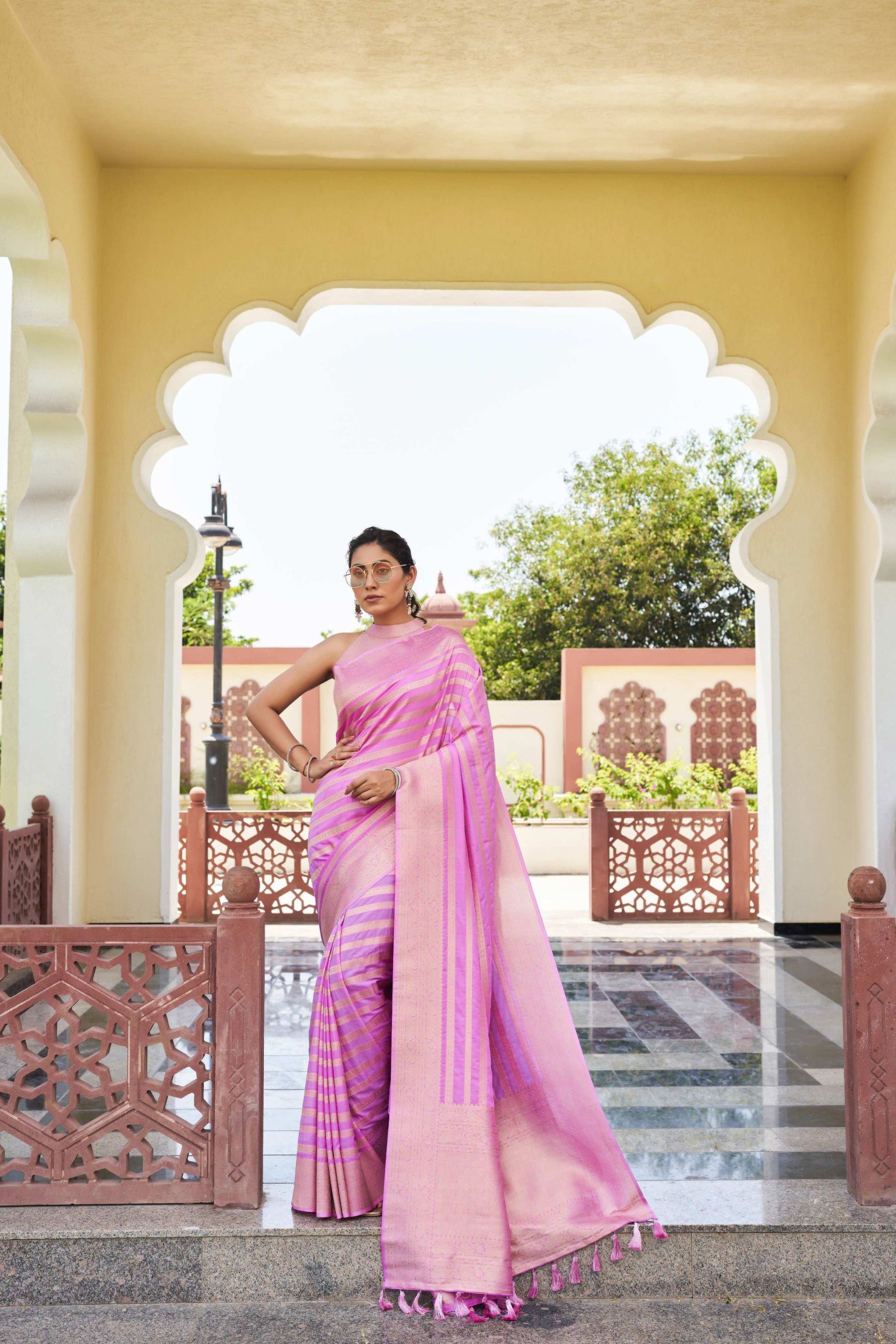 Pink Banarasi Silk Saree with Gold Zari Weaving and Tassel Pallu