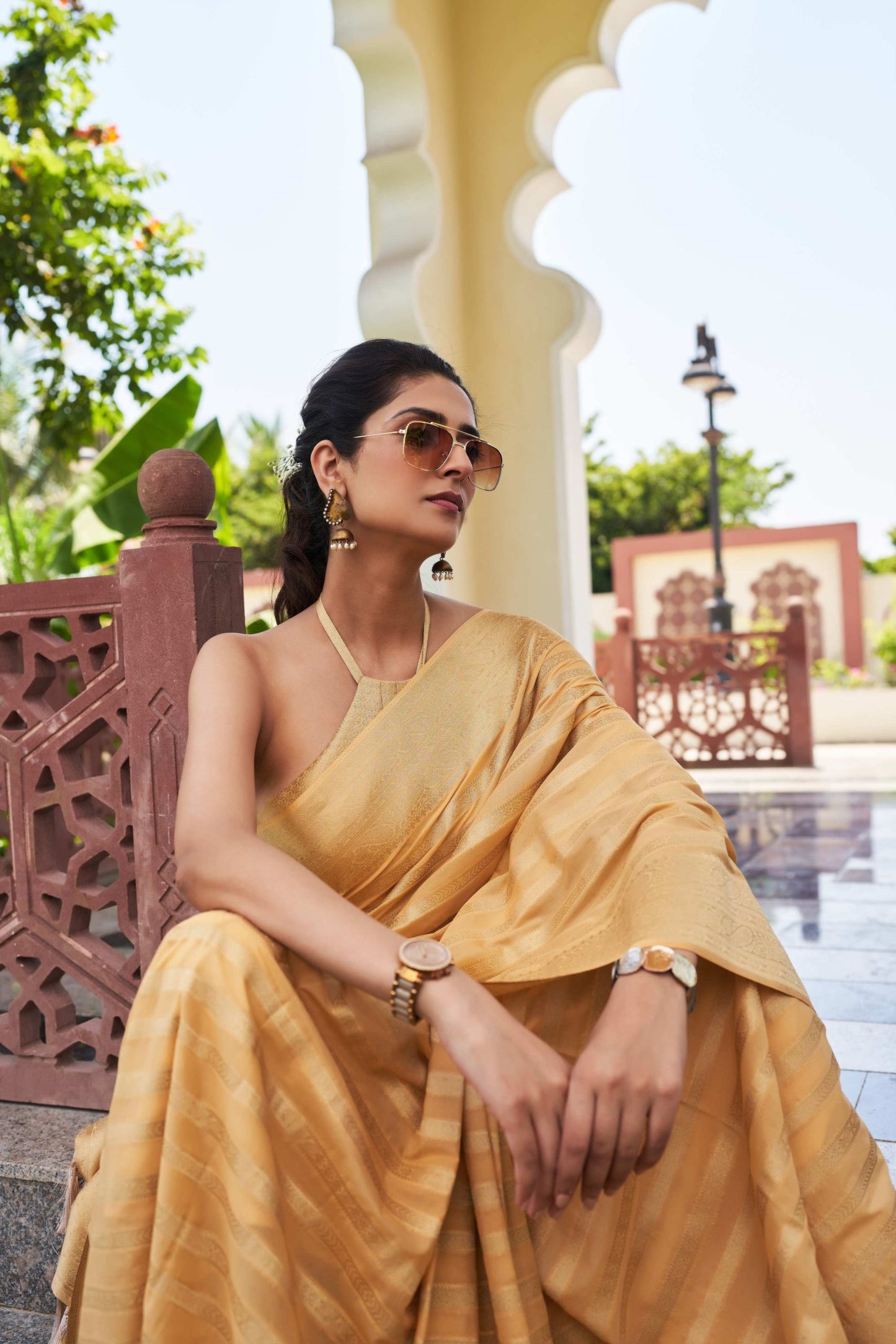 Elegant Golden Silk Traditional Sareewith Rich Weave Design