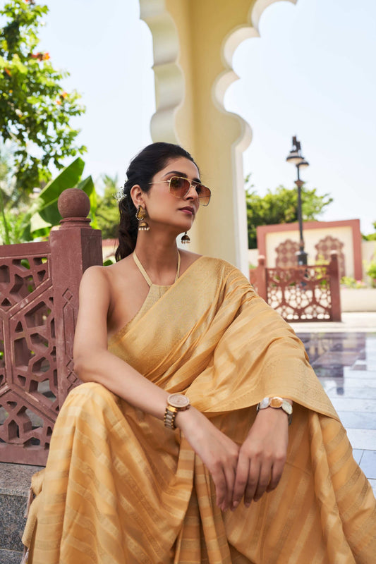 Elegant Golden Silk Traditional Sareewith Rich Weave Design