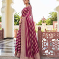 Maroon Silk Traditional Saree with Gold Zari Stripes Rich Border